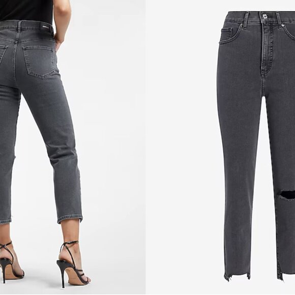 Super High Waisted Black Ripped Raw Hem Mom Jeans - Picture 3 of 3